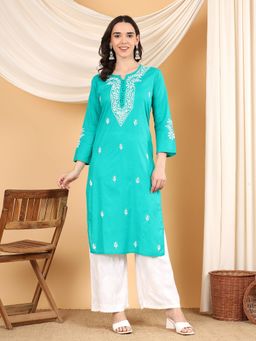 Poshak Chikan Studio - Women Hand Embroidered Chikankari Green Cotton Kurta