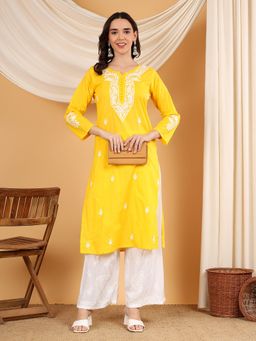 Poshak Chikan Studio - Women Hand Embroidered Chikankari Yellow Cotton Kurta