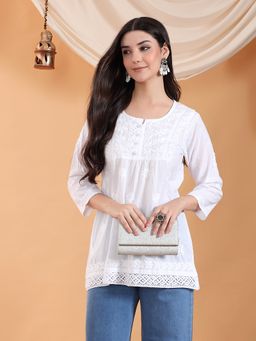 Poshak Chikan Studio - Women White Chikankari White Lace Cotton Short Tunic Kurti