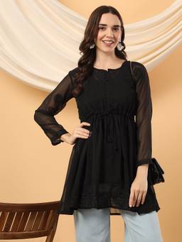 Poshak Chikan Studio - Women Black Hand Embroidered Chikankari Georgette Short Tunic Kurti