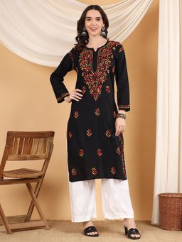 Poshak Chikan Studio - Women Hand Embroidered Chikankari Colorful Black Cotton Kurta
