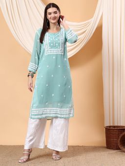 Poshak Chikan Studio - Green Women Hand Embroidered Chikankari Georgette Kurta