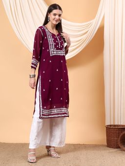 Poshak Chikan Studio - Women Hand Embroidered Wine Chikankari Georgette Kurta
