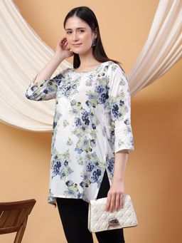 Poshak Chikan Studio - Women Hand Embroidered Grey Chikankari Mulmul Print Short Kurti