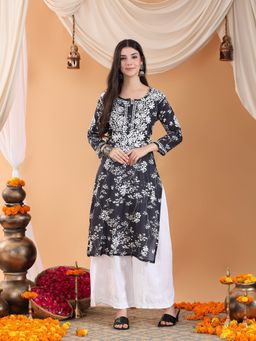 Poshak Chikan Studio - Black Women Hand Embroidered Chikankari Mulmul Print Kurta