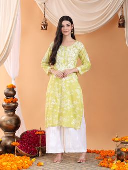 Poshak Chikan Studio - Women Green Hand Embroidered Chikankari Mulmul Print Kurta