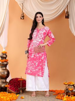 Poshak Chikan Studio - Women Hand Embroidered Chikankari Pink Mulmul Print Kurta
