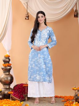 Poshak Chikan Studio - Women Hand Embroidered Chikankari Blue Mulmul Print Kurta