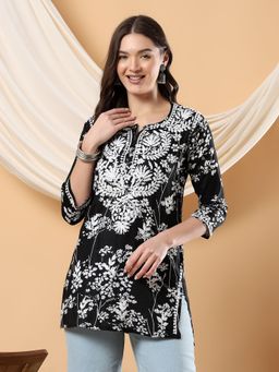 Poshak Chikan Studio - Women Black Hand Embroidered Chikankari Mulmul Print Short Kurti
