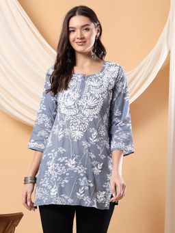 Poshak Chikan Studio - Women Hand Embroidered Grey Chikankari Mulmul Print Short Kurti