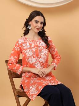 Poshak Chikan Studio - Women Hand Embroidered Orange Chikankari Mulmul Print Short Kurti