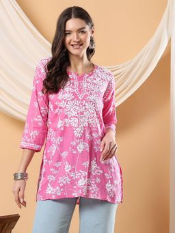 Poshak Chikan Studio - Women Hand Embroidered Chikankari Pink Mulmul Print Short Kurti