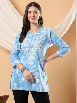 Poshak Chikan Studio - Women Hand Embroidered Blue Chikankari Mulmul Print Short Kurti