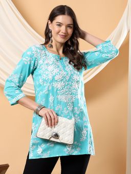 Poshak Chikan Studio - Women Green Hand Embroidered Chikankari Mulmul Print Short Kurti