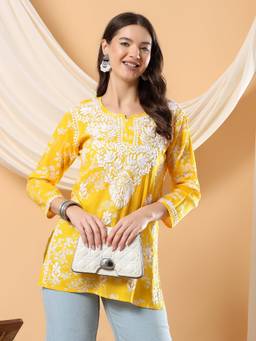 Poshak Chikan Studio - Women Hand Embroidered Chikankari Yellow Mulmul Print Short Kurti