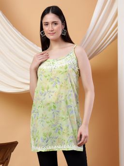 Poshak Chikan Studio - Women Green Chikankari Mulmul Print Sleeveless Short Kurti