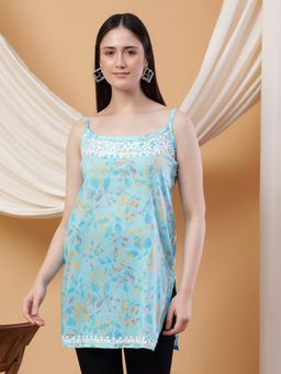 Poshak Chikan Studio - Women Blue Chikankari Mulmul Print Sleeveless Short Kurti