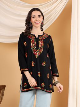 Poshak Chikan Studio - Women Hand Embroidered Chikankari Colorful Black Cotton Short Kurti