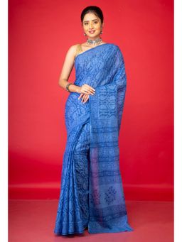 Unnati Silks - Blue Pure Block Printed Superfine Mulmul Cotton Saree with Unstitched Blouse