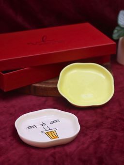 WEAVING HOMES - Sunshine Yellow & Chai ho jaye Handmade Dessert plate in a Gift Box