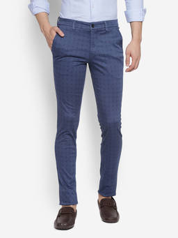 Turtle - Men Cotton Blend Stretch Checkered Slim Fit Navy Blue Trouser