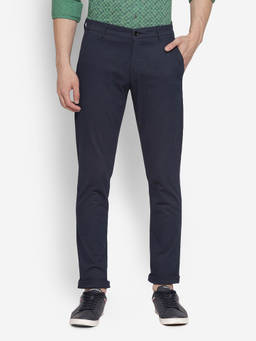 Turtle - Men Cotton Blend Stretch Stripes Super Slim Fit Navy Casual Trouser