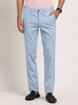Turtle - Men Cotton Blend Stretch Self Design Super Slim Fit Light Blue Casual Trouser