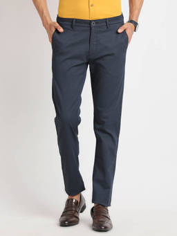 Turtle - Men Cotton Blend Self Design Super Slim Fit Navy Blue Formal Trouser