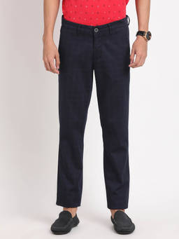 Turtle - Men Cotton Blend Checkered Navy Blue Casual Trouser
