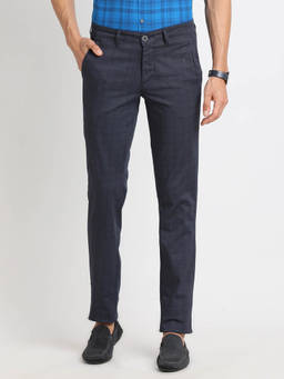 Turtle - Men Cotton Blend Checkered Super Slim Fit Navy Formal Trouser