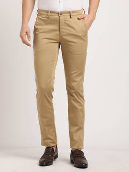 Turtle - Men Cotton Blend Stretch Solid Super Slim Fit Beige Formal Trouser