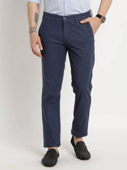 Turtle - Men Cotton Blend Solid Super Slim Fit Navy Blue Formal Trouser