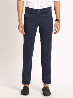 Turtle - Men Cotton Blend Checkered Super Slim Fit Navy Blue Formal Trouser