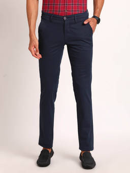 Turtle - Men Cotton Blend Self Design Super Slim Fit Navy Blue Formal Trouser