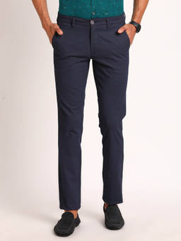 Turtle - Men Cotton Blend Stretch Textured Super Slim Fit Navy Formal Trouser
