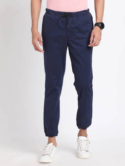 Turtle - Men Cotton Blend Stretch Solid Navy Blue Casual Joggers