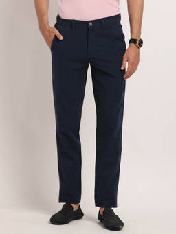 Turtle - Men Linen Blend Checkered Slim Fit Navy Blue Casual Trouser