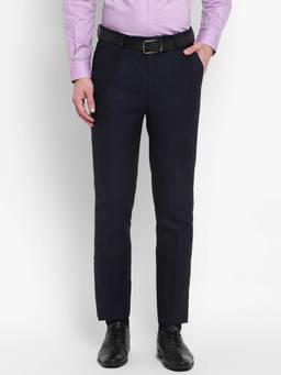 Turtle - Men Linen Solid Slim Fit Navy Blue Formal Trouser