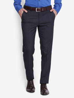 Turtle - Men Poly Viscose Checkered Navy Blue Formal Trouser