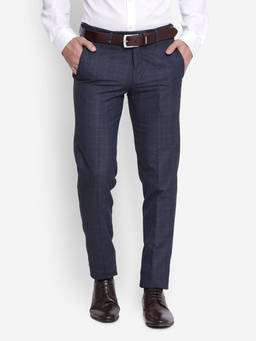 Turtle - Men Poly Viscose Checkered Regular Navy Blue Formal Trouser