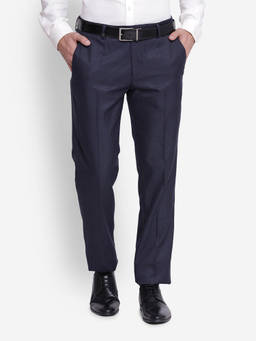 Turtle - Men Poly Viscose Checkered Slim Fit Navy Blue Formal Trouser
