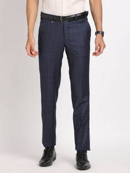 Turtle - Men Terry Rayon Checkered Slim Fit Navy Blue Formal Trouser