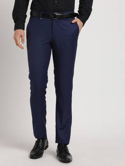 Turtle - Men Navy Blue Terry Rayon Checkered Slim Fit Formal Trouser