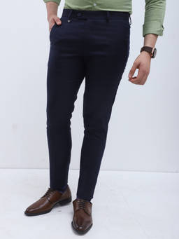 Turtle - Men Poly Viscose Checkered Slim Fit Navy Blue Formal Trouser