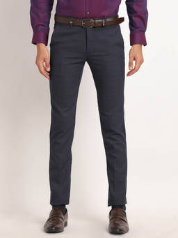 Turtle - Men Poly Viscose Checkered Slim Fit Dark Navy Blue Trouser