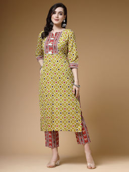 Indibelle - Cotton Pista Green Floral Print Straight Kurta