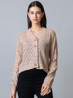 Club York - Womens Beige Full Sleeve V Neck Ribbed Cardigan