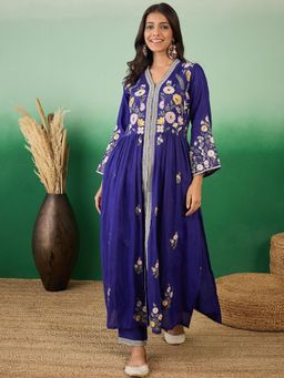 KVS FAB - Navy Blue Chinon Chain Embroidered Front Slit Kurta with Pant (Set of 2)