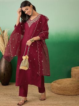 KVS FAB - Maroon Bitaliyan Embroidered Kurta with Pant and Dupatta (Set of 3)