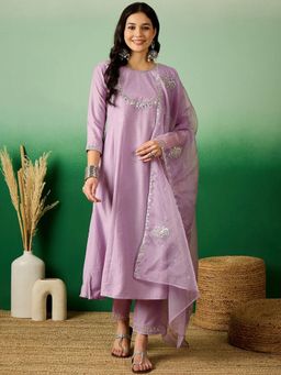 KVS FAB - Lavender Bitaliyan Gota with Embroidered A Line Kurta with Pant and Dupatta (Set of 3)